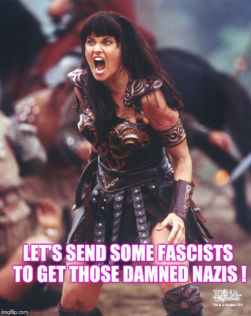 Xena is pissed | LET'S SEND SOME FASCISTS TO GET THOSE DAMNED NAZIS ! | image tagged in xena is pissed | made w/ Imgflip meme maker