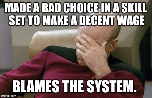 Captain Picard Facepalm Meme | MADE A BAD CHOICE IN A SKILL SET TO MAKE A DECENT WAGE BLAMES THE SYSTEM. | image tagged in memes,captain picard facepalm | made w/ Imgflip meme maker