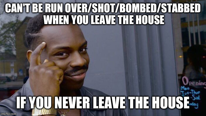Roll Safe Think About It Meme | CAN'T BE RUN OVER/SHOT/BOMBED/STABBED WHEN YOU LEAVE THE HOUSE; IF YOU NEVER LEAVE THE HOUSE | image tagged in roll safe think about it,AdviceAnimals | made w/ Imgflip meme maker