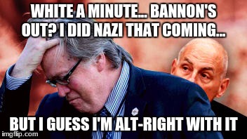bye bye Bannon | WHITE A MINUTE... BANNON'S OUT? I DID NAZI THAT COMING... BUT I GUESS I'M ALT-RIGHT WITH IT | image tagged in steve bannon | made w/ Imgflip meme maker