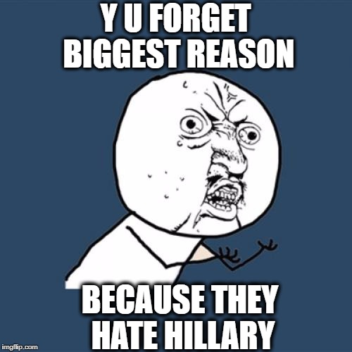 Y U No Meme | Y U FORGET BIGGEST REASON BECAUSE THEY HATE HILLARY | image tagged in memes,y u no | made w/ Imgflip meme maker