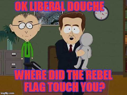 maybe that explains the butthurt | OK LIBERAL DOUCHE; WHERE DID THE REBEL FLAG TOUCH YOU? | image tagged in where they touched | made w/ Imgflip meme maker