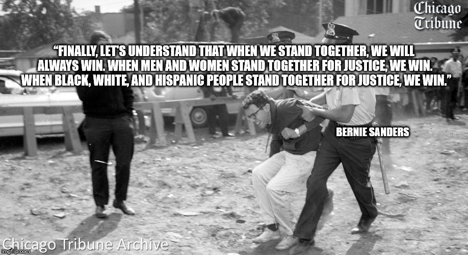 Stand Together | “FINALLY, LET'S UNDERSTAND THAT WHEN WE STAND TOGETHER, WE WILL ALWAYS WIN. WHEN MEN AND WOMEN STAND TOGETHER FOR JUSTICE, WE WIN. 
WHEN BLACK, WHITE, AND HISPANIC PEOPLE STAND TOGETHER FOR JUSTICE, WE WIN.”; BERNIE SANDERS | image tagged in bernie sanders,bernie sanders crowd,bernie sanders megaphone | made w/ Imgflip meme maker
