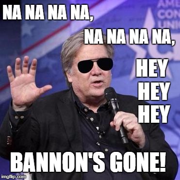 BANNON'S GONE | NA NA NA NA, NA NA NA NA, HEY HEY HEY; BANNON'S GONE! | image tagged in donald trump the clown,steve bannon,donald trump approves,democrats | made w/ Imgflip meme maker
