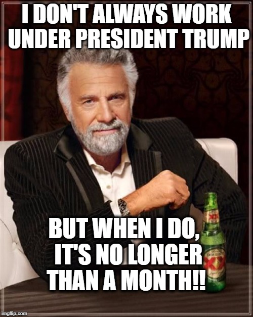 Wow!  Bannon's gone!  I wonder who's next? | I DON'T ALWAYS WORK UNDER PRESIDENT TRUMP; BUT WHEN I DO,  IT'S NO LONGER THAN A MONTH!! | image tagged in memes,the most interesting man in the world | made w/ Imgflip meme maker