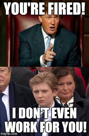 Confused Trump  | YOU'RE FIRED! I DON'T EVEN WORK FOR YOU! | image tagged in trump,baron trump,barron,steve bannon | made w/ Imgflip meme maker
