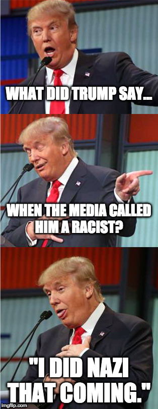 Bad Pun Trump | WHAT DID TRUMP SAY... WHEN THE MEDIA CALLED HIM A RACIST? "I DID NAZI THAT COMING." | image tagged in bad pun trump,racist trump,nazi,losing idology | made w/ Imgflip meme maker