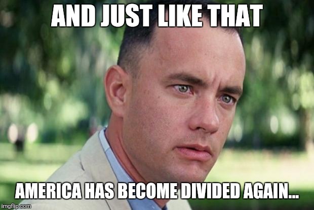 And Just Like That Meme | AND JUST LIKE THAT; AMERICA HAS BECOME DIVIDED AGAIN... | image tagged in forrest gump | made w/ Imgflip meme maker