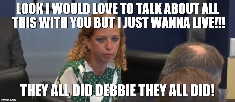 She just wants to LIVE..... | LOOK I WOULD LOVE TO TALK ABOUT ALL THIS WITH YOU BUT I JUST WANNA LIVE!!! THEY ALL DID DEBBIE THEY ALL DID! | image tagged in hillary death toll rising,debbie wasserman schultz,should of took the money | made w/ Imgflip meme maker