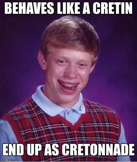 Bad Luck Brian Meme | BEHAVES LIKE A CRETIN END UP AS CRETONNADE | image tagged in memes,bad luck brian | made w/ Imgflip meme maker