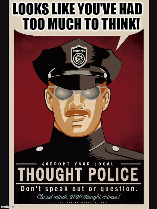 Be Careful What You Think! | LOOKS LIKE YOU'VE HAD   TOO MUCH TO THINK! | image tagged in vince vance,george orwell,1984,thought police,antifa,censorship | made w/ Imgflip meme maker