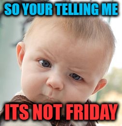 Skeptical Baby | SO YOUR TELLING ME; ITS NOT FRIDAY | image tagged in memes,skeptical baby | made w/ Imgflip meme maker