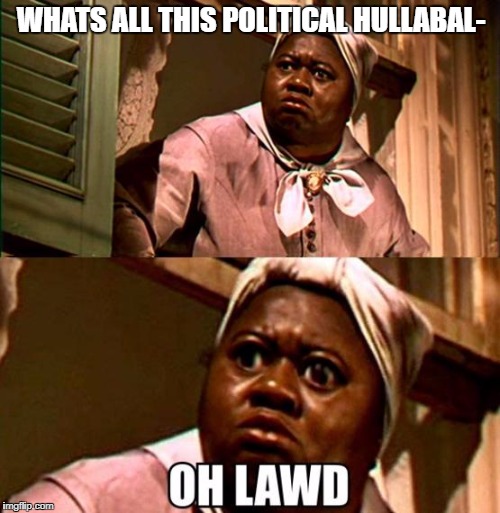 Oh lawd | WHATS ALL THIS POLITICAL HULLABAL- | image tagged in oh lawd | made w/ Imgflip meme maker