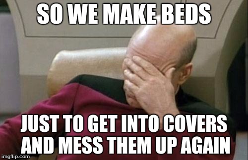 Captain Picard Facepalm Meme | SO WE MAKE BEDS; JUST TO GET INTO COVERS AND MESS THEM UP AGAIN | image tagged in memes,captain picard facepalm | made w/ Imgflip meme maker