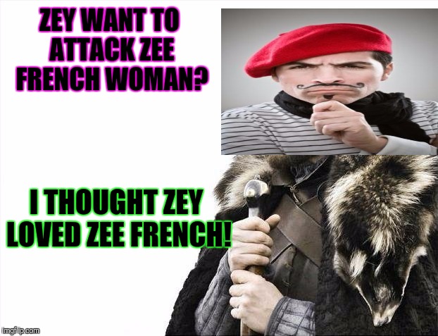 Brace Yourselves X is Coming Meme | ZEY WANT TO ATTACK ZEE FRENCH WOMAN? I THOUGHT ZEY LOVED ZEE FRENCH! | image tagged in memes,brace yourselves x is coming | made w/ Imgflip meme maker