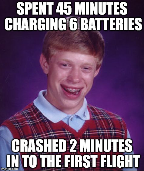Bad Luck Brian Meme | SPENT 45 MINUTES CHARGING 6 BATTERIES; CRASHED 2 MINUTES IN TO THE FIRST FLIGHT | image tagged in memes,bad luck brian | made w/ Imgflip meme maker