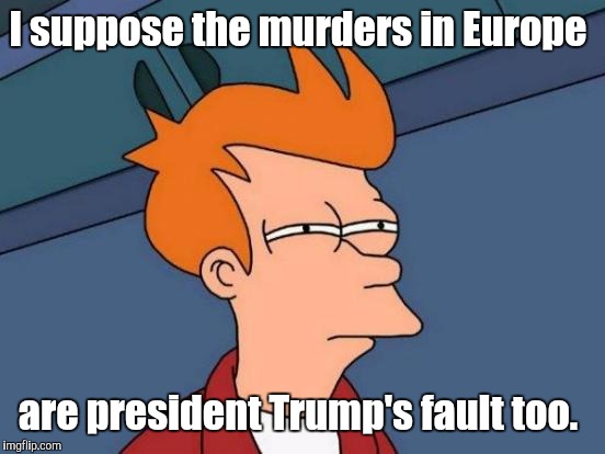 Futurama Fry Meme | I suppose the murders in Europe are president Trump's fault too. | image tagged in memes,futurama fry | made w/ Imgflip meme maker