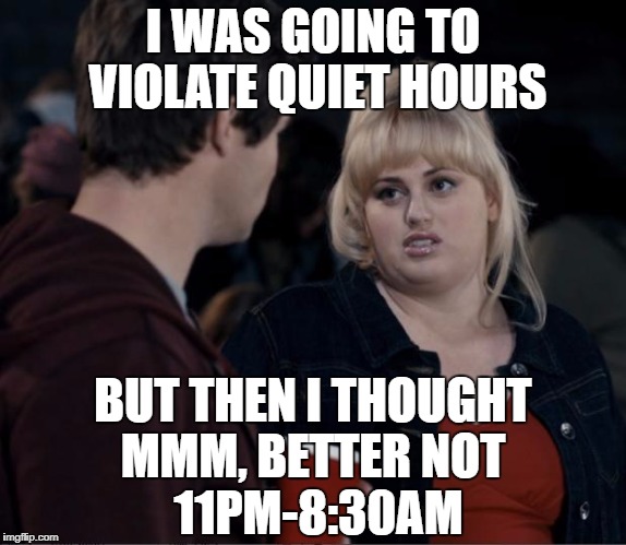 Fat Amy Silent Hours | I WAS GOING TO VIOLATE QUIET HOURS; BUT THEN I THOUGHT MMM, BETTER NOT; 11PM-8:30AM | image tagged in fat amy silent hours | made w/ Imgflip meme maker