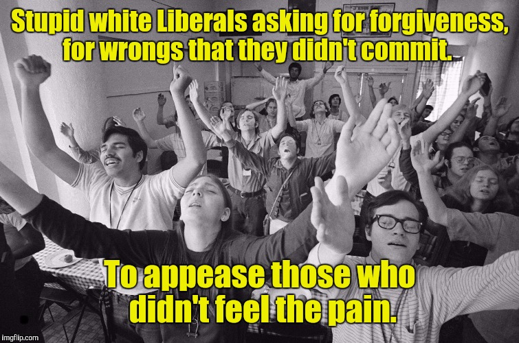 Stupid white Liberals asking for forgiveness, for wrongs that they didn't commit. To appease those who didn't feel the pain. | made w/ Imgflip meme maker
