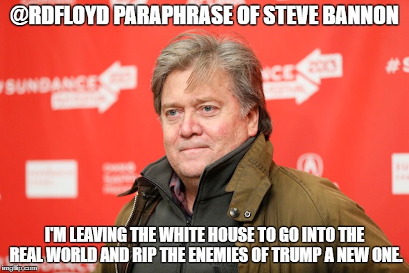 Bannon  | @RDFLOYD PARAPHRASE OF STEVE BANNON; I'M LEAVING THE WHITE HOUSE TO GO INTO THE REAL WORLD AND RIP THE ENEMIES OF TRUMP A NEW ONE. | image tagged in steve bannon | made w/ Imgflip meme maker