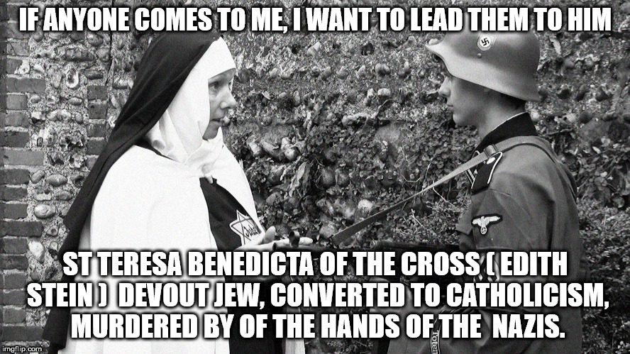 courageous | IF ANYONE COMES TO ME, I WANT TO LEAD THEM TO HIM; ST TERESA BENEDICTA OF THE CROSS
( EDITH STEIN )  DEVOUT JEW, CONVERTED TO CATHOLICISM, MURDERED BY OF THE HANDS OF THE  NAZIS. | image tagged in saint,edithstein,nun,catholic,martyr,love | made w/ Imgflip meme maker