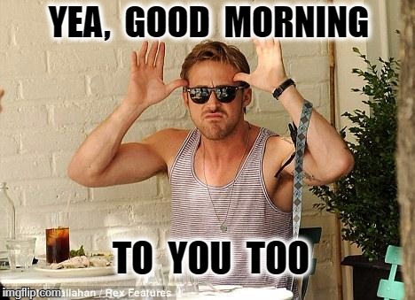 Ryan Gosling Funny Face | YEA,  GOOD  MORNING; TO  YOU  TOO | image tagged in ryan gosling funny face | made w/ Imgflip meme maker