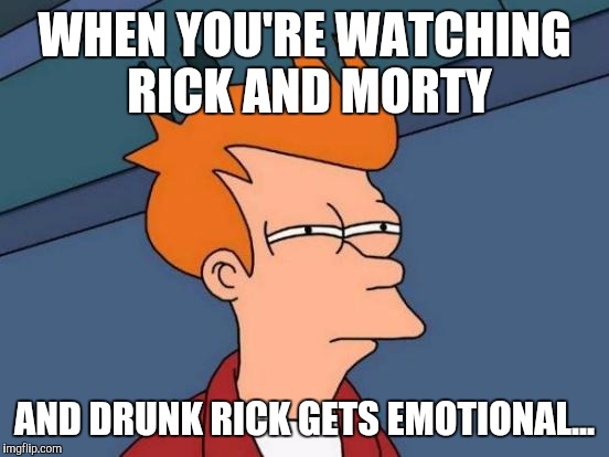 I'll see you all in Vindicators 4 (oops, I forgot)... | WHEN YOU'RE WATCHING RICK AND MORTY; AND DRUNK RICK GETS EMOTIONAL... | image tagged in memes,futurama fry,rick and morty | made w/ Imgflip meme maker