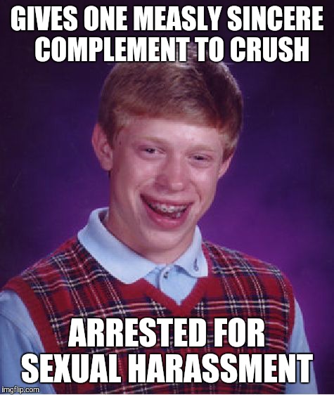 Bad Luck Brian | GIVES ONE MEASLY SINCERE  COMPLEMENT TO CRUSH; ARRESTED FOR SEXUAL HARASSMENT | image tagged in memes,bad luck brian | made w/ Imgflip meme maker