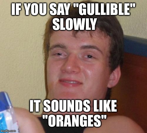 10 Guy Meme | IF YOU SAY "GULLIBLE" SLOWLY; IT SOUNDS LIKE "ORANGES" | image tagged in memes,10 guy | made w/ Imgflip meme maker