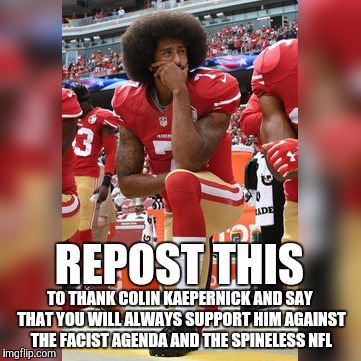 Colin Kaepernick | REPOST THIS; TO THANK COLIN KAEPERNICK AND SAY THAT YOU WILL ALWAYS SUPPORT HIM AGAINST THE FACIST AGENDA AND THE SPINELESS NFL | image tagged in colin kaepernick,nfl,politics,political,thank you kaepernick | made w/ Imgflip meme maker