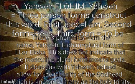 The trinity in God's name | Yahweh ELOHIM:
Yahweh = Three person forms construct this word.
First used=I am,
Second form=He is,
Third form = To be; These 3 phonetics form the name, Yahweh.
Elohim=plural form of El or Eloha
 This does not indicate that the masculine plural form means gods. It does , as with Yahweh, indeed allow for the plurality of the Godhead. Which is known to many as the holy trinity. | image tagged in the abrahamic god,godfather,jesus,trinity | made w/ Imgflip meme maker