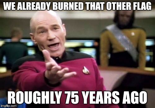 Picard Wtf Meme | WE ALREADY BURNED THAT OTHER FLAG ROUGHLY 75 YEARS AGO | image tagged in memes,picard wtf | made w/ Imgflip meme maker