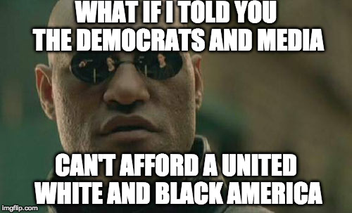 A united United States of America is very scary for people who prey on victims.  |  WHAT IF I TOLD YOU THE DEMOCRATS AND MEDIA; CAN'T AFFORD A UNITED WHITE AND BLACK AMERICA | image tagged in matrix morpheus,race,donald trump,alt left,alt right,antifa | made w/ Imgflip meme maker
