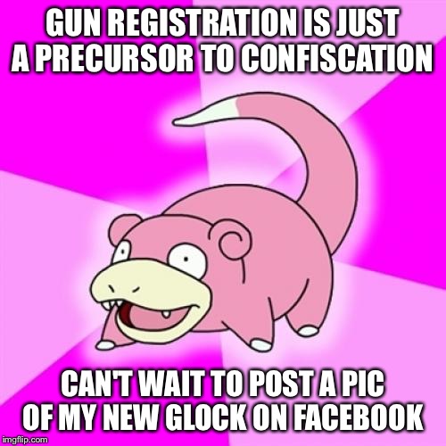 Slowpoke Meme | GUN REGISTRATION IS JUST A PRECURSOR TO CONFISCATION; CAN'T WAIT TO POST A PIC OF MY NEW GLOCK ON FACEBOOK | image tagged in memes,slowpoke | made w/ Imgflip meme maker