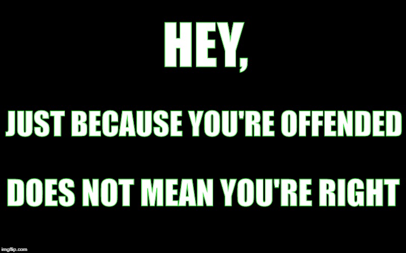 HEY, JUST BECAUSE YOU'RE OFFENDED; DOES NOT MEAN YOU'RE RIGHT | image tagged in hey,offended | made w/ Imgflip meme maker