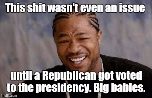Yo Dawg Heard You Meme | This shit wasn't even an issue until a Republican got voted to the presidency. Big babies. | image tagged in memes,yo dawg heard you | made w/ Imgflip meme maker