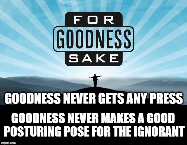Goodness never gets any PRESS | GOODNESS NEVER GETS ANY PRESS; GOODNESS NEVER MAKES A GOOD POSTURING POSE FOR THE IGNORANT | image tagged in politics,political meme,compassion,meme,mankind | made w/ Imgflip meme maker
