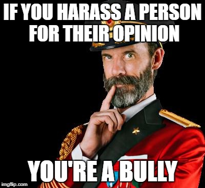 captain obvious explains free speech and bullying | IF YOU HARASS A PERSON FOR THEIR OPINION; YOU'RE A BULLY | image tagged in captain obvious | made w/ Imgflip meme maker