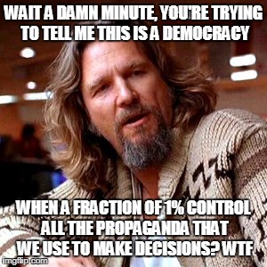 Confused Lebowski | WAIT A DAMN MINUTE, YOU'RE TRYING TO TELL ME THIS IS A DEMOCRACY; WHEN A FRACTION OF 1% CONTROL ALL THE PROPAGANDA THAT WE USE TO MAKE DECISIONS? WTF | image tagged in memes,confused lebowski | made w/ Imgflip meme maker