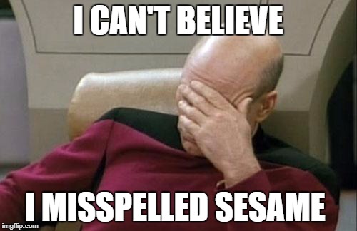 Captain Picard Facepalm Meme | I CAN'T BELIEVE I MISSPELLED SESAME | image tagged in memes,captain picard facepalm | made w/ Imgflip meme maker