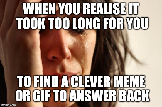 First World Problems Meme | WHEN YOU REALISE IT TOOK TOO LONG FOR YOU; TO FIND A CLEVER MEME OR GIF TO ANSWER BACK | image tagged in memes,first world problems | made w/ Imgflip meme maker
