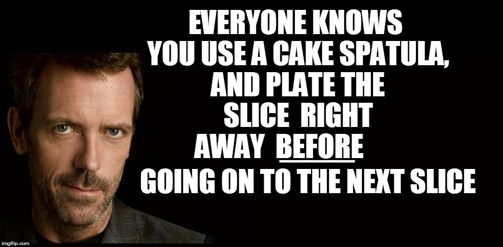 EVERYONE KNOWS YOU USE A CAKE SPATULA, AND PLATE THE  SLICE  RIGHT   AWAY  BEFORE GOING ON TO THE NEXT SLICE EEEEEEEEEEEEEEEEEEEEEEEEEEEEEEE | made w/ Imgflip meme maker