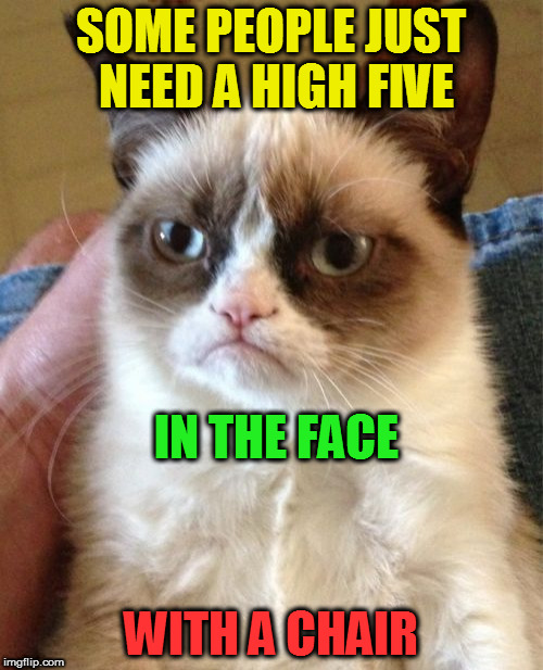 Grumpy Cat | SOME PEOPLE JUST NEED A HIGH FIVE; IN THE FACE; WITH A CHAIR | image tagged in memes,grumpy cat | made w/ Imgflip meme maker