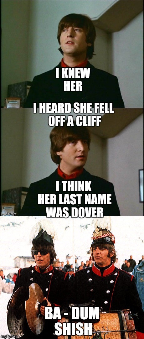 Bad Pun Beatles | I KNEW HER I THINK HER LAST NAME WAS DOVER I HEARD SHE FELL OFF A CLIFF | image tagged in bad pun beatles | made w/ Imgflip meme maker
