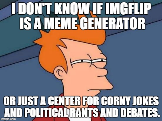 What has imgflip become... | I DON'T KNOW IF IMGFLIP IS A MEME GENERATOR; OR JUST A CENTER FOR CORNY JOKES AND POLITICAL RANTS AND DEBATES. | image tagged in memes,futurama fry | made w/ Imgflip meme maker