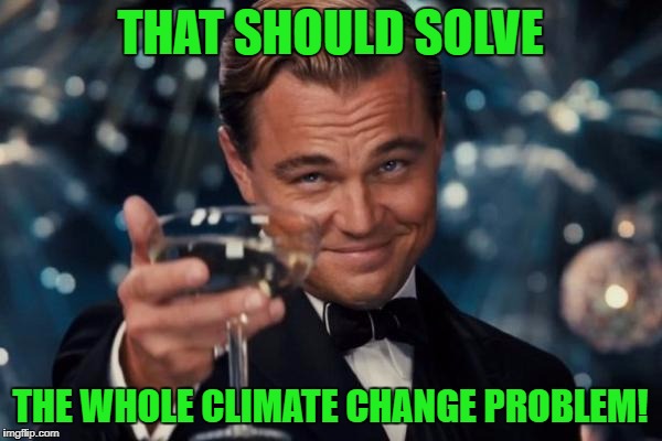 Leonardo Dicaprio Cheers Meme | THAT SHOULD SOLVE THE WHOLE CLIMATE CHANGE PROBLEM! | image tagged in memes,leonardo dicaprio cheers | made w/ Imgflip meme maker