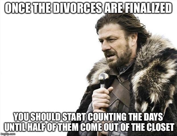 Brace Yourselves X is Coming Meme | ONCE THE DIVORCES ARE FINALIZED YOU SHOULD START COUNTING THE DAYS UNTIL HALF OF THEM COME OUT OF THE CLOSET | image tagged in memes,brace yourselves x is coming | made w/ Imgflip meme maker