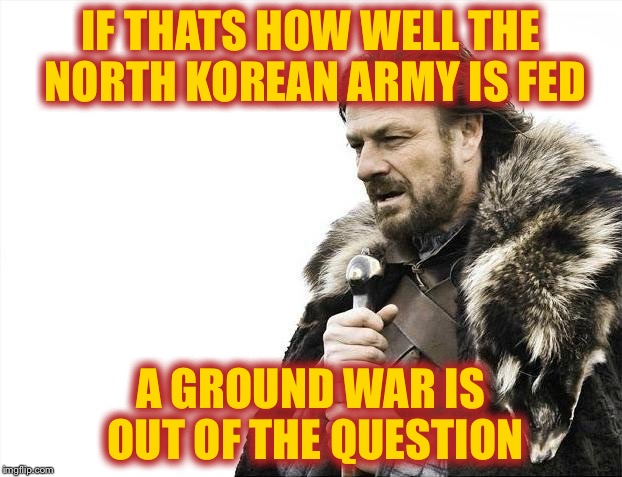 Brace Yourselves X is Coming Meme | IF THATS HOW WELL THE NORTH KOREAN ARMY IS FED A GROUND WAR IS OUT OF THE QUESTION | image tagged in memes,brace yourselves x is coming | made w/ Imgflip meme maker