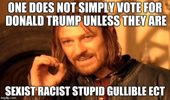 truth and if u dont like it im sry | ONE DOES NOT SIMPLY VOTE FOR DONALD TRUMP UNLESS THEY ARE; SEXIST RACIST STUPID GULLIBLE ECT | image tagged in memes,one does not simply | made w/ Imgflip meme maker