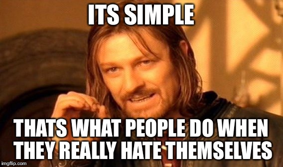 One Does Not Simply Meme | ITS SIMPLE THATS WHAT PEOPLE DO WHEN THEY REALLY HATE THEMSELVES | image tagged in memes,one does not simply | made w/ Imgflip meme maker